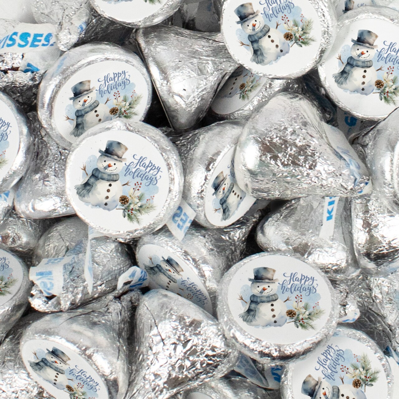 Happy Holidays Snowman Silver Stickered Milk Chocolate Candy Kisses For Holiday Party Favors, Stocking Stuffers, Goodie Bags, Christmas Gifting & More